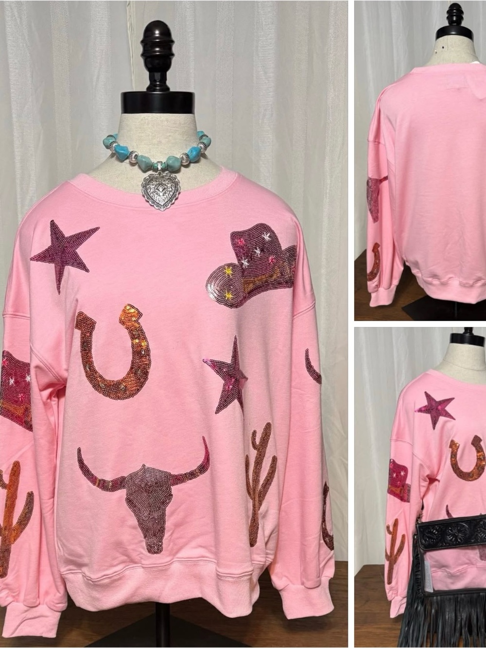 Pink Western Graphic Pullover Sweatshirt
